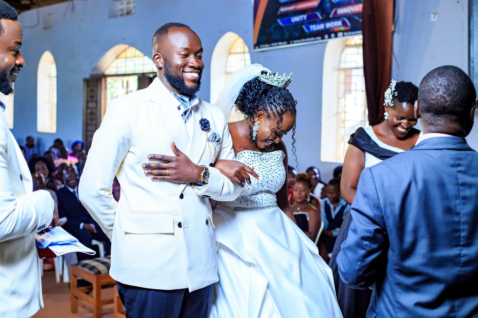 Bride and groom arriving at a church wedding ceremony